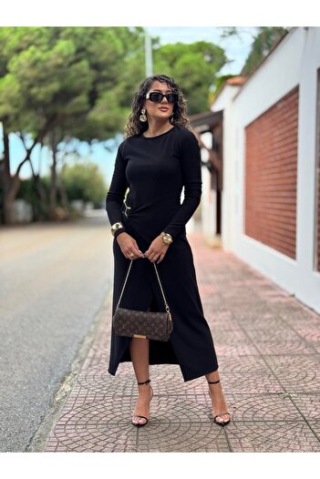 DISHI FASHİON Gold Tokalı Ottoman Siyah Elbise