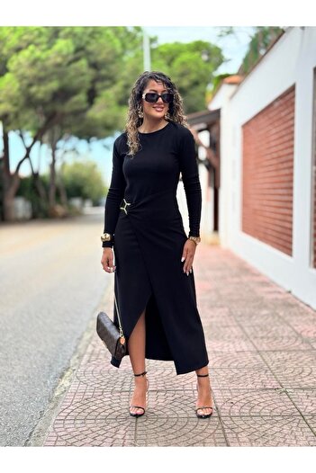 DISHI FASHİON Gold Tokalı Ottoman Siyah Elbise