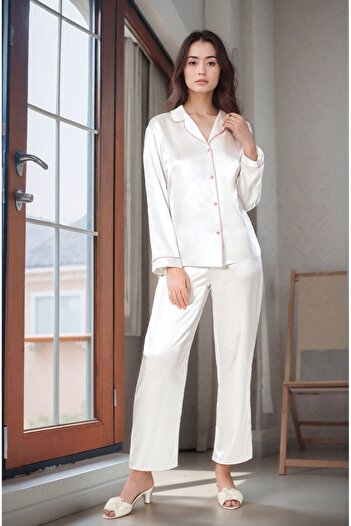 QKK Kadın Ekru Saten Gelin 6'lı Çeyiz Seti Sabahlık & Gecelik & Pijama Şortlu Takım Q8U6O3K0KKA