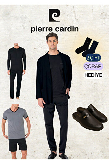 Pierre Cardin 5 Pieces 100% Cotton Robdöşambr & Long Sleeve - Short Sleeve Combed Cotton Pajama Set & Leather Slippers
