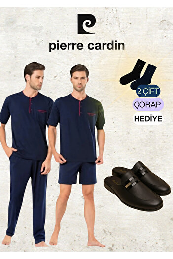 Pierre Cardin Men's Clothing 3 Piece Combed Cotton 100% Cotton Navy Blue Pajamas Set & Leather Slippers Ol.Pc.5370.291