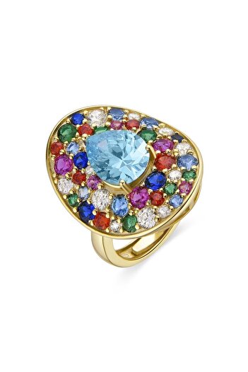 Luxenter Adjustable Ring Genzai in 925 Silver with 18K Yellow Gold Finish and Multicolored Zircon Stones