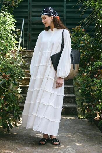 KADRİYE BAŞTÜRK Azur Voile Tiered Long Dress Ecru