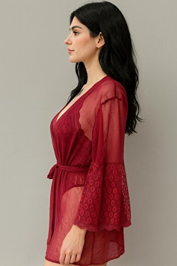 WİYONA Women's Burgundy Lace Bodysuit with Morning Dress