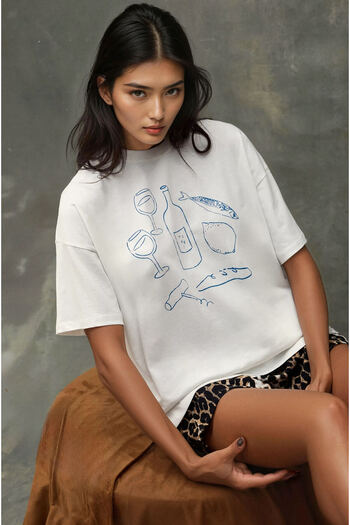 Hiccup Women's 100% Cotton Crew Neck Oversize White Printed T-Shirt