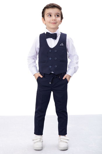 Cansın Mini Navy Blue Buttoned Vest and Bow Tie Shirt Boy's 4-Piece Suit 20543