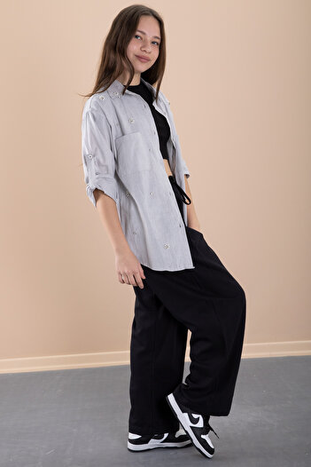 Cansın Mini Gray Girl's Cropped Stone Shirt and Pants 3 Piece Set 20469