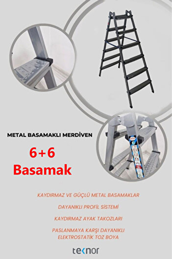 Teknor Çift Taraflı Dayanıklı 6+6 Metal Basamaklı Merdiven