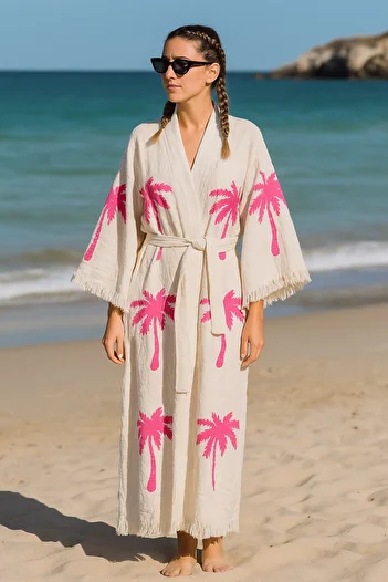 LaraLisa 4 Layers Natural Muslin Cotton Fabric Chemical Treatment Unprocessed Hand Printed Kaftan Kimono Peshtemal Bathrobe