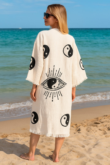 LaraLisa 4 Layers Natural Muslin Cotton Fabric Chemical Treatment Unprocessed Hand Printed Kaftan Kimono Peshtemal Bathrobe