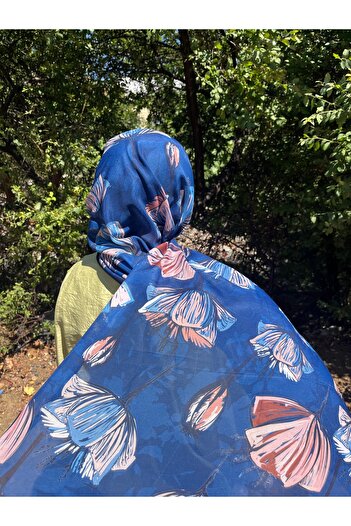 BOUTİCON Scented Floral Patterned Navy Blue Soft Cotton Shawl 75X180