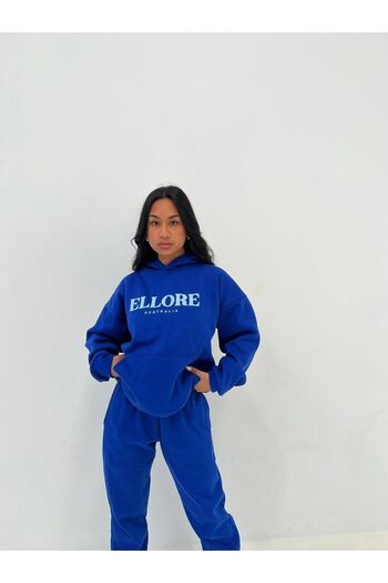 DUBU BUTİK Σετ φόρμας Ellore Sweatshirt Jogger - Sax Blue Printed Oversize Raster Hooded