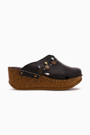 Limoya Γυναικείες παντόφλες από γνήσιο δέρμα Annika Black Antique με λεπτομέρεια Wedge Sabo