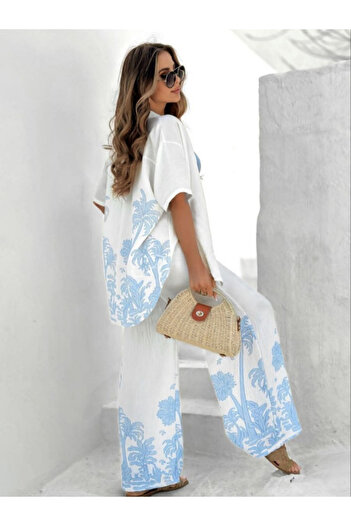 SOFT Blue Printed Linen Shirt Pants Suit on White