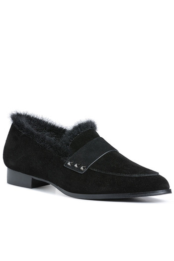 london Rag Women Fur Trim Suede Loafers in Black