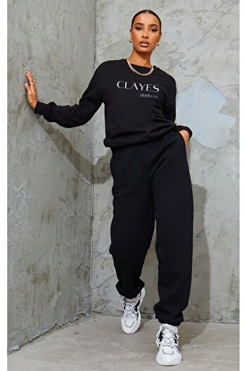 CLAYES Studio Black Printed Oversize Tracksuit Set - 100% Cotton, Fleece, Crew Neck