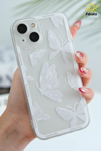 Fibaks Transparent Butterfly Flexible Soft Silicone Cover with Patterned Camera Protection for iPhone 13 - 14 Case Design