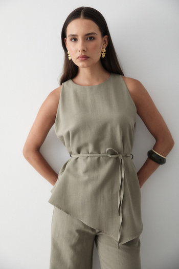 JASTE Women's Khaki Linen Crew Neck Vest Belted Pants Bottom & Top Set