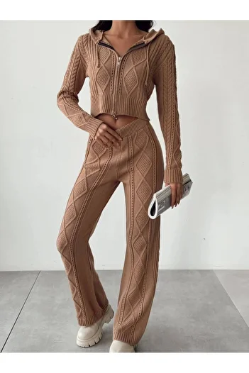 Lusin Brown Hooded Crop Cardigan and Trousers Set - S/m
