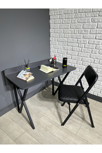 hey modüler mobilya Buse Çalışma Masası Ofis Bilgisayar Masası + Katlanır Sandalyeli 103 cm Metal Siyah Ayak