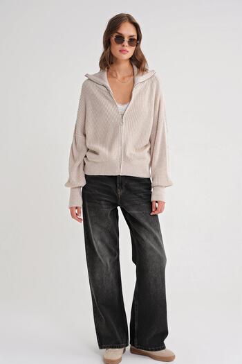 Mixray 6919 Women's Zippered Turtleneck Sweater Cardigan Stone