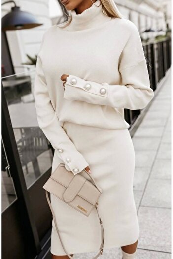 Lusin Women's Pearl Button Detailed Sweater Skirt Bottom Top Knitwear Set - Cream