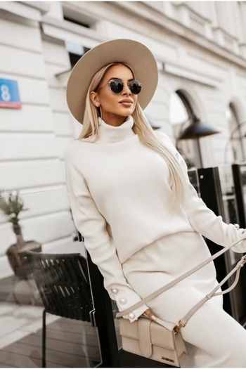 Lusin Women's Pearl Button Detailed Sweater Skirt Bottom Top Knitwear Set - Cream