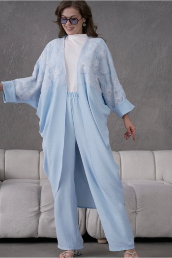By-esq Women's Floral Patterned Stone Embroidered Cotton Kimono Pants Double Set