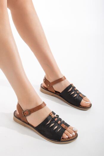 MaskButik Mıcra Genuine Leather Sandals Tan-Black