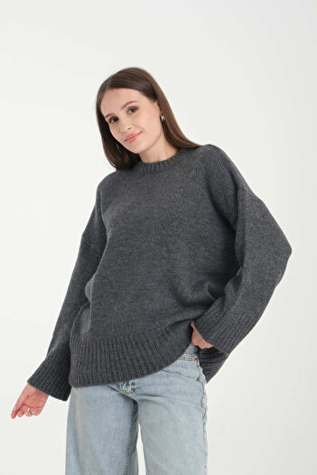 İLKCET MODA Oversize Basic Füme Uzun Kadın Kazak
