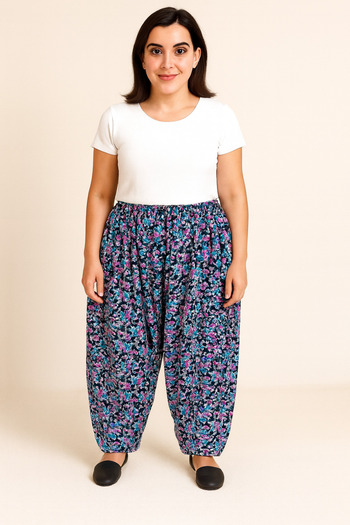 sinankardeşler Viscose Patterned Large Size Women's Shalwar - Elastic Pockets