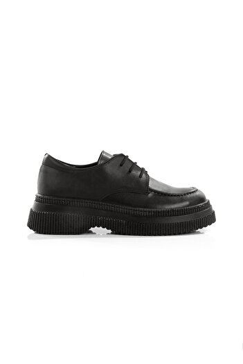 Hanımsoller Korean Women's Short Heeled Lace-Up Black Skin Vintage Loafer Shoes