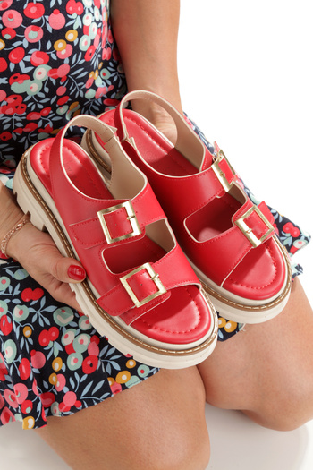 EYLÜLDEN MODA SHOES Women's Merlin Red Skin Double Strap Vardola Detailed Sandals