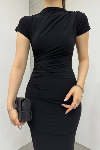 lovebox Sandy Fabric Black Midi večerní šaty – sbíraný design, stojáček, krátký rukáv 12470