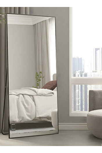 Taimi Large Mirror With Elegant Design 160x50 Cm-full Length Mirror With Black Metal Frame And Back Stand