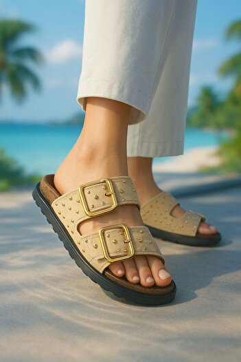 ŞNG Ayakkabı Women's Suede Slippers with Buckle and Troc Detail