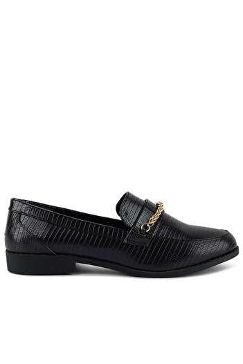 london Rag Women Black Low Block Loafers Adorned with Golden Chain