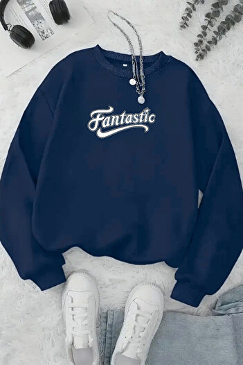Sweetline Unisex Navy Blue Fantastic Printed Crew Neck Sweatshirt - Winter Embossed Fabric