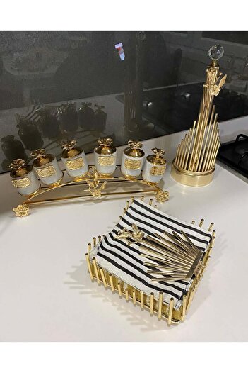 AZADE BAKIR Gold Rice Japongul Long Spice Bowl Set of 6 Porcelain Spice Bowl, Stick Roller and Square Napkin Set of 3