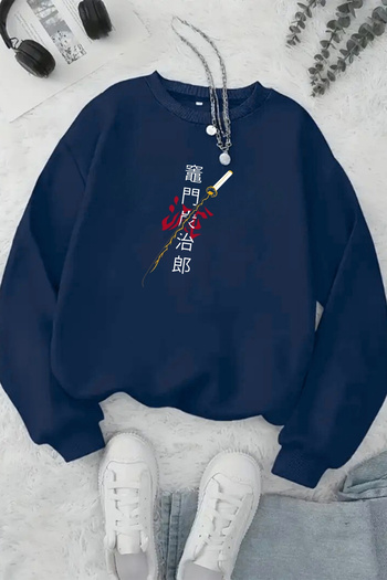 Sweetline Unisex Navy Blue Japanese Sword Printed Crew Neck Sweatshirt - Winter Embossed Fabric