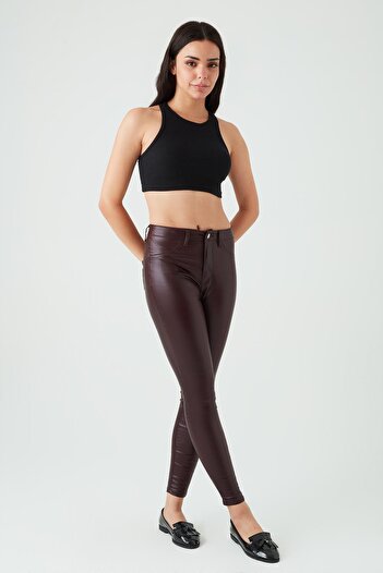 Select Moda Kadın Bordo Deri Görünümlü Yüksek Bel Skinny Pantolon