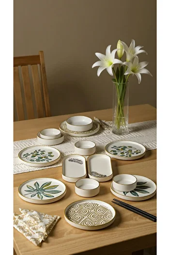 Justyol Fall Leaf Patterned 14 Piece Ceramic Breakfast Set – Luxury Stackable Presentation Set for 6 People