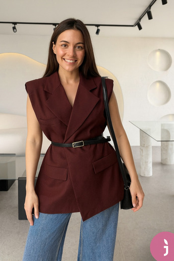 My Blog Burgundy Pocket Detailed Belted Vest - 7449