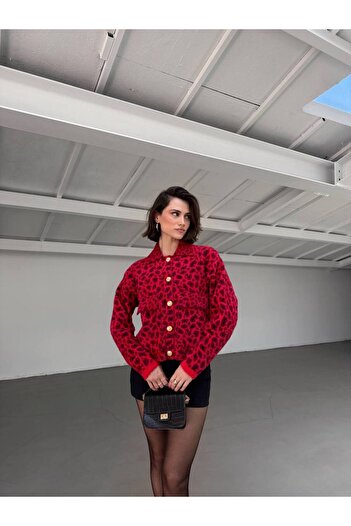 RM Collect Polo Collar Gold Button Detail Leopard Cardigan