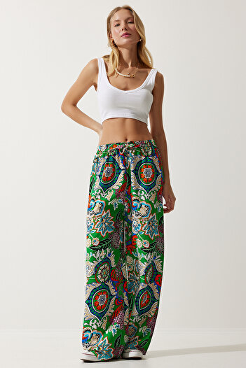 Lovelyİstanbul Patterned Flowing Viscose Palazzo Trousers Len0003 Green Orange