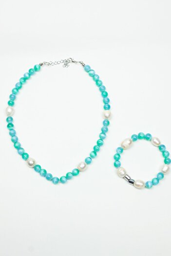 Liveyn Design Real Pearl and Aqua Marin Natural Stone Necklace Bracelet Set