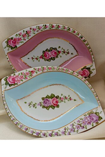 BY.RAYKA PORSELEN El Dekor Porcelain Hand Painted Flower Pattern Special Design 2-Piece Presentation Plate (No Return)