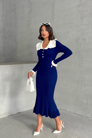 Lusin Rochie de tricotaj de damă, albastru bleumarin, cu detaliu de guler elegant, lungime midi (culoare nouă)