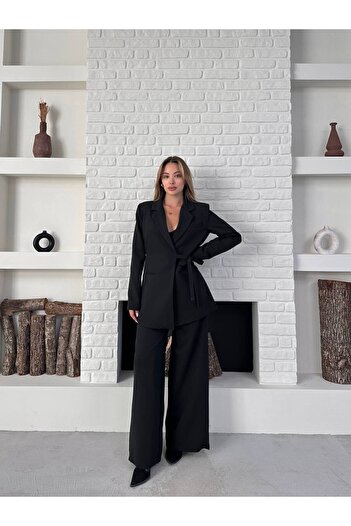 ZF BUTİK Women's Double Belted Blazer Jacket Pants Set