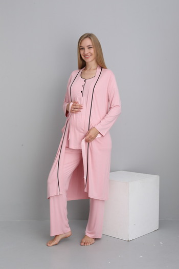 Miss Dünya Lissa Powder Morning Short Sleeve Breastfeeding Suitable Pregnant and Postpartum 4 Piece Pajama Set